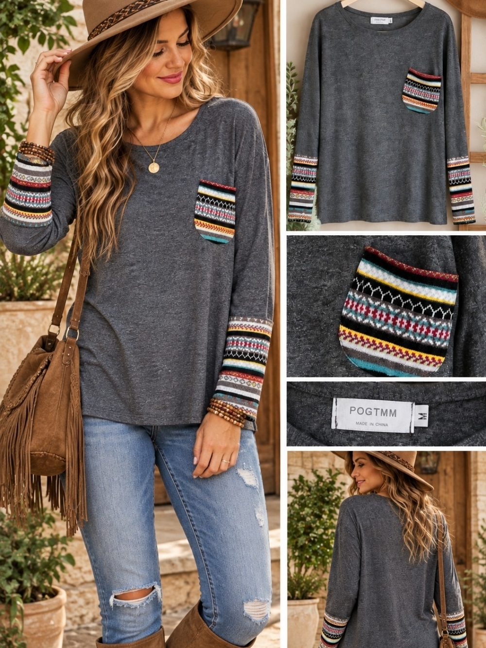 Boho Gray Long Sleeve Top Colorful Woven Pocket Cuffs Boho Western Retro Medium